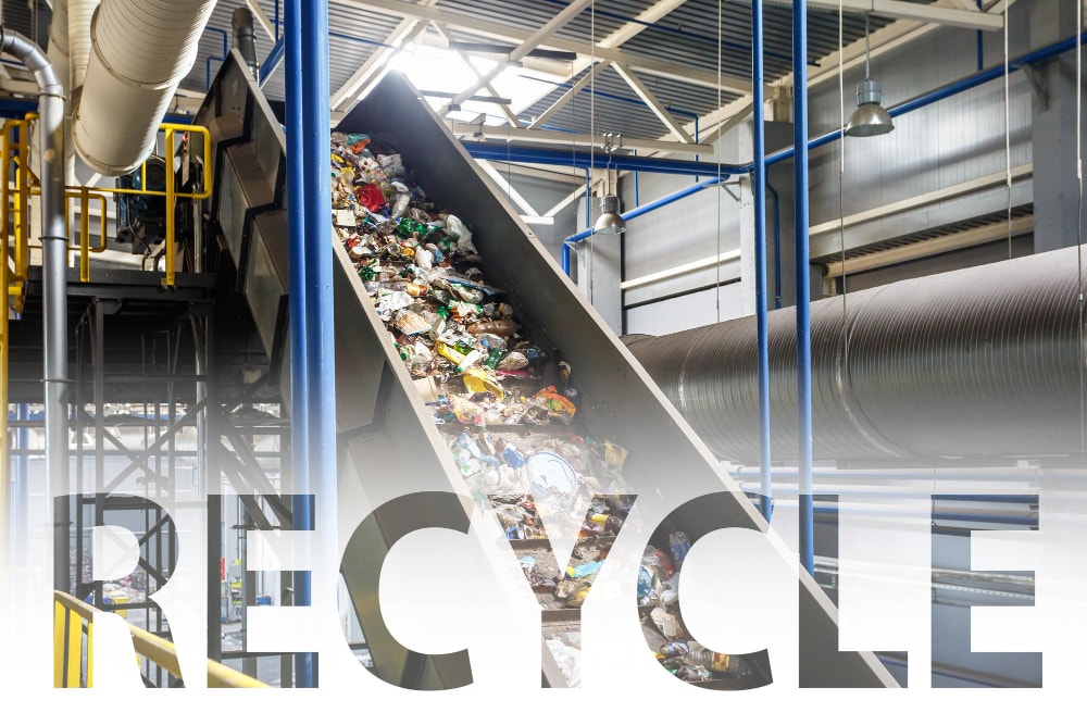 capital letters recycle moving conveyor transporter modern waste recycling processing plant separate sorting garbage collection recycling storage waste further disposal